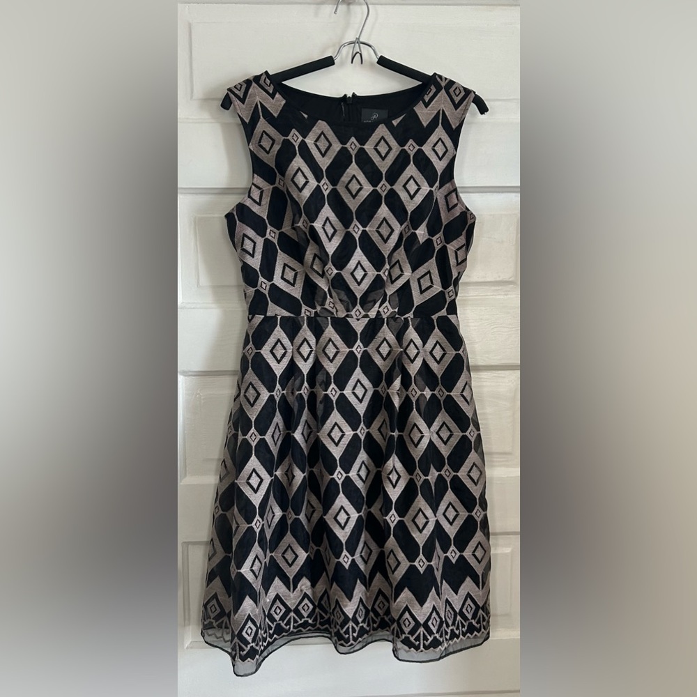 Adrianna Papell Black and Taupe Geometric Fit-and-Flare Dress
